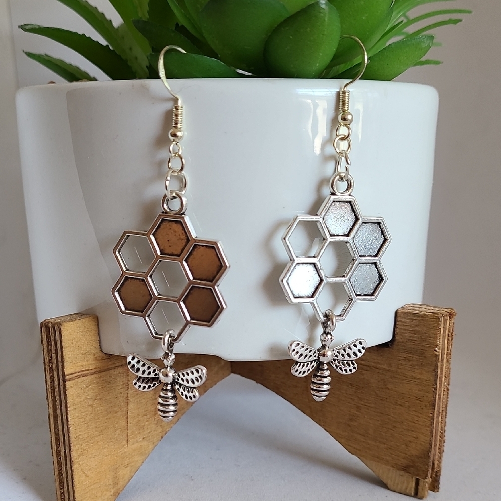 Honeycomb Bee Drop Earrings - Silver and Brown